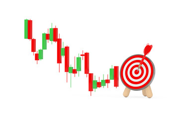 Poster - Green and Red Trading Financial Candlesticks Pattern Chart with Archery Target and Dart in Center. 3d Rendering