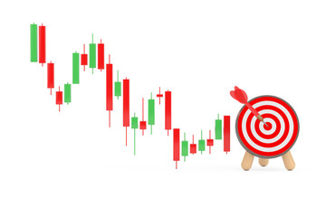 Leinwandbilder - Green and Red Trading Financial Candlesticks Pattern Chart with Archery Target and Dart in Center. 3d Rendering