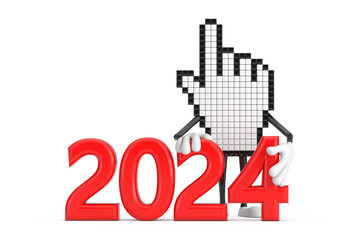 Leinwandbilder - Pixel Hand Cursor Mascot Person Character with 2024 New Year Sign. 3d Rendering