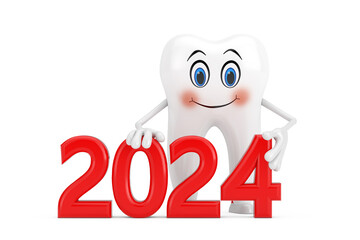 Aufkleber - White Tooth Person Character Mascot with Red 2024 New Year Sign. 3d Rendering
