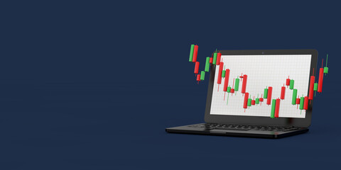 Fototapete - Green and Red Trading Financial Candlesticks Pattern Chart in Front of Modern Laptop Notebook Computer. 3d Rendering