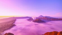 Amazing Mount Bromo Volcano During Sunrise From King Kong Viewpoint On Mountain Penanjakan In Bromo Tengger Semeru National Park,East Java,Indonesia.Nature Landscape Background,Timelapse Shot