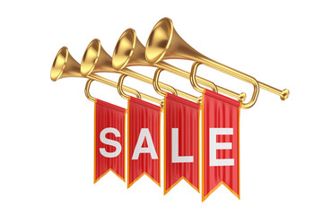 Wall Mural - Golden Fanfare Trumpets with Sale Sign Red Flags. 3d Rendering