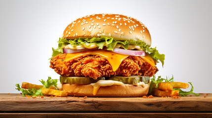 Wall Mural - Double Chicken burger with ketchup, cheese, and mayonnaise on isolated white background. Made with generative ai