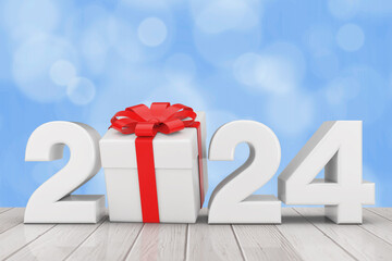 Poster - 2024 New Year Sign with Gift Box and Red Ribbon. 3d Rendering