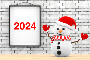Aufkleber - Snowman in front of Brick Wall with Frame 2024 Sign. 3d Rendering