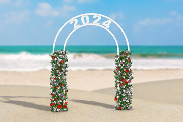 Poster - Welcome to 2024 New Year Concept. Beautiful Decor Arc, Gate or Portal with Flowers and 2024 Sign on an Ocean Deserted Coast. 3d Rendering