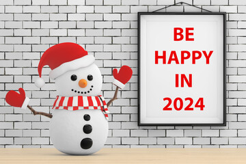 Aufkleber - Snowman in front of Brick Wall with Frame Be Happy In 2024 Sign. 3d Rendering