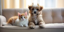 Small Puppy And Kitten On A Gray Sofa, Close-up. Generative AI