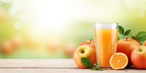 Wall Mural - Apple and orange juice on a wooden table, on a light background. Summer fruit background. Place for text or object, banner