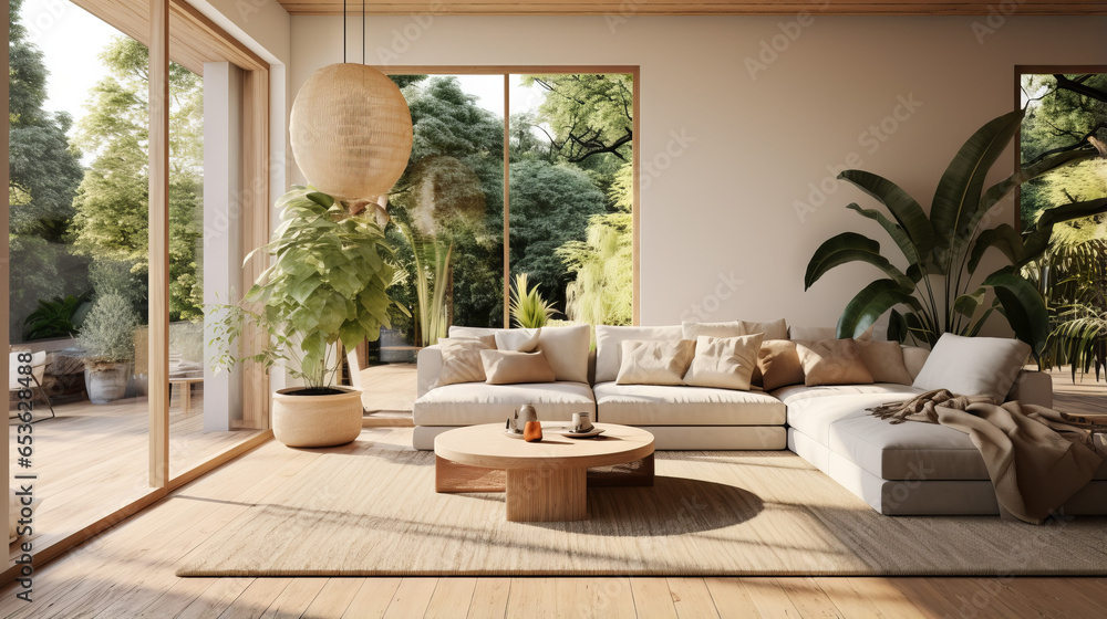 View of Scandinavian living room blending indoors with outdoors. Glass sliding ...