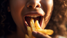 Mouth Of Young Woman Eating French Fries. Cheat Meal Concept. Pretty Woman Eats French Fries Containing Much Calories Being Fast Food Lover Has Mouth Full Of Chips