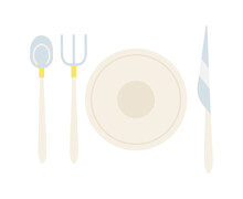 Cutlery Setting 2D Cartoon Object. Banquet Flatware Isolated Vector Item White Background. Fork Knife Spoon With Plate. Silverware Place Setting. Weddings Utensil Color Flat Spot Illustration