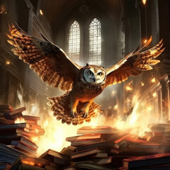 Sticker -  A owl flying out of a burning library
