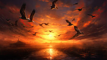 The Sun Sets And The Unruly Ducks Fly Together