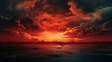 The Surface And The Island Of Red Water Scenery. Sky With Clouds. Bloody Sunset Background With Copy Space For Design. War, Apocalypse, Armageddon, Nightmare, Halloween, Evil, Horror Concept.
