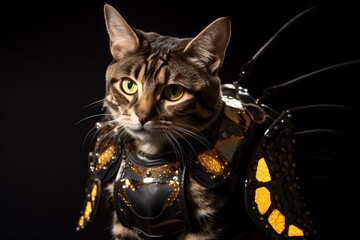  singapura cat wearing a bumblebee wings harness against a metallic silver background