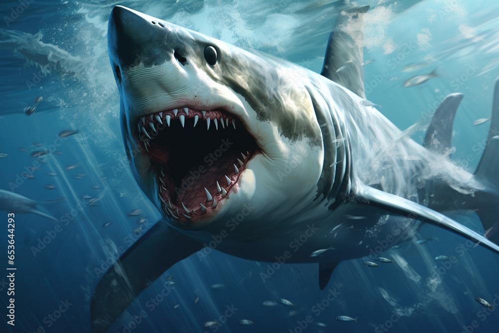 an adult great shark with a large mouth and many sharp teeth underwater ...