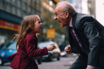 an old man in a suit has a fight with a child, father and daughter or strangers meet on the street, angry and furious, shouting and insulting loudly, girl against man