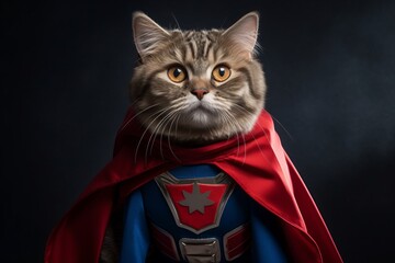 cymric cat wearing a superhero cape against a cool gray background