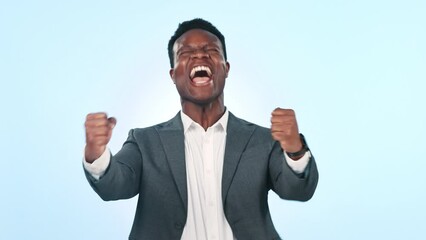 Canvas Print - Black man in business, celebration and cheers with fist pump for job promotion and winning on blue background. Excited, happiness and yes with winner in portrait, reward for target success in studio