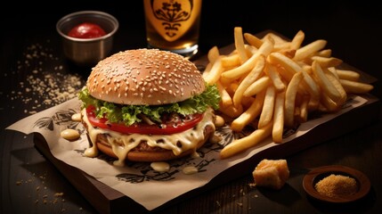 Wall Mural - Tasty cheeseburger with french fries on wooden board