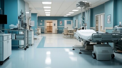 Abstract hospital or clinic interior. View of light hospital hallway, reception area.