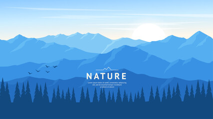 Sharp rocks and mountain ranges in the rays of the morning sun. Foggy landscape in blue colors. Design for banner, background, web page. Vector illustration.
