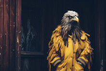Autumn Vintage Rustic Portrait Of A Yellow Large Eagle Standing As A Man In A Human Jacket. Retro Abstract Concept With Animal Bird In Fashion Clothes.