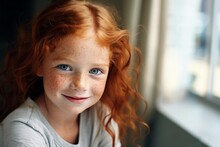 Close-up Portrait Of Beautiful Smiling Child Girl With Red Hair, Adorable Girl With Freckles And Unusual Natural Beauty Look At Camera And Smile