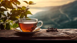 Fototapeta  - Hot tea in a glass teacup with a beautiful natural and outdoors background 
