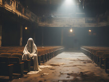 Spooky Ghost On Abandoned Theatre Stage.