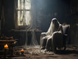  Spooky ghost sitting on chair in victorian abandoned house.