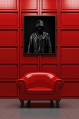 Wall Mural - A red chair in front of a painting of a man, AI