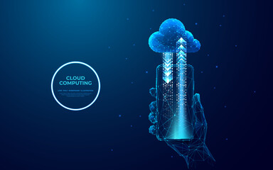 Aufkleber - Abstract cloud storage icon with arrows up and down on the smartphone screen. Cloud technology system. Futuristic technology style. Low poly wireframe vector illustration. Blue hologram sci-fi style.