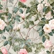 chinoiserie  with a rambling white roses and climbing pink roses on a vintage house in countryside england with French toile pattern in luxury watercolor painting