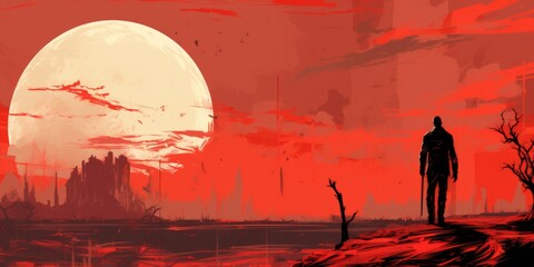 Wall Mural - A man standing in front of a red sky with a large moon, AI