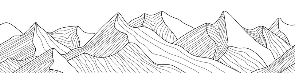 Wall Mural - Black and white mountain line arts wallpaper, seamless border, imitation of mountain ranges, vector background, minimalism