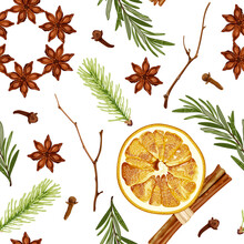 Christmas Seamless Pattern With Dried Orange, Cinnamon, Anise, Fir Branches, Rosemary And Cloves.