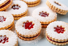 Austrian Or German Linzer Cookies With Shortcrust Pastry And Jam Filling