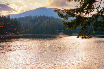 Wall Mural - mountainous landscape with lake at sunset. beautiful nature background in evening light