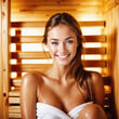 junge Frau bekleidet in der Sauna, gen AI