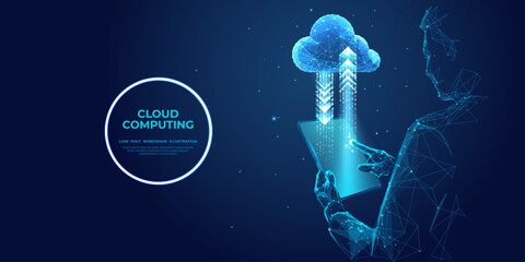 Aufkleber - Abstract businessman holds a tablet with a cloud computing icon network. Cloud technology, data transfer, and online data storage. Digital low poly wireframe vector illustration in futuristic style. 