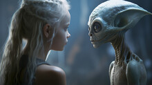 A Little Cute Girl Communicates With An Alien. Communication And Knowledge Of Aliens With Large Heads And Huge Eyes