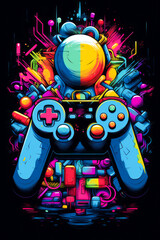 Wall Mural - Video game controller with bunch of colorful objects around it.