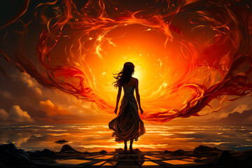 Canvas Print - Image of woman standing in front of sunset.