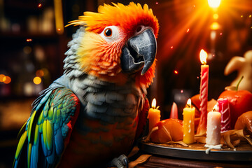 Sticker - Close up of parrot near cake with candles.