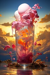 Sticker - Image of pink liquid pouring into large glass.