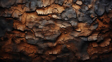 Charred Wood Bark Dark Texture. Detailed Macro Close-up View Of Tree Burned Scratched Cork Background. Generative AI