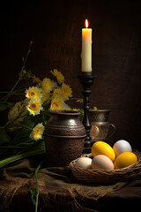 Canvas Print - Easter still life with eggs, candle and daffodils. 